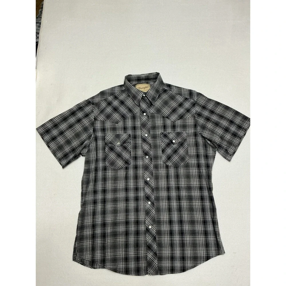 Wrangler Mens Large Black White Plaid Pearl Snap Western Shirt WM225BK